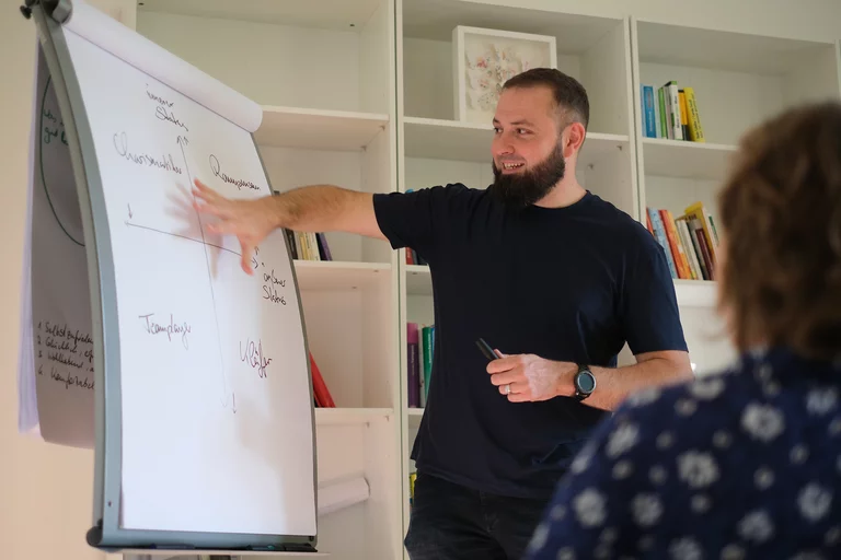 Dr. Sebastian Hümbert-Schnurr
Workshop-Situation
Ein Coach steht an einer Flipchart und erläutert ein Diagramm. Im Vordergrunf sieht man die unscharfe Sillhouette einer Klientin.